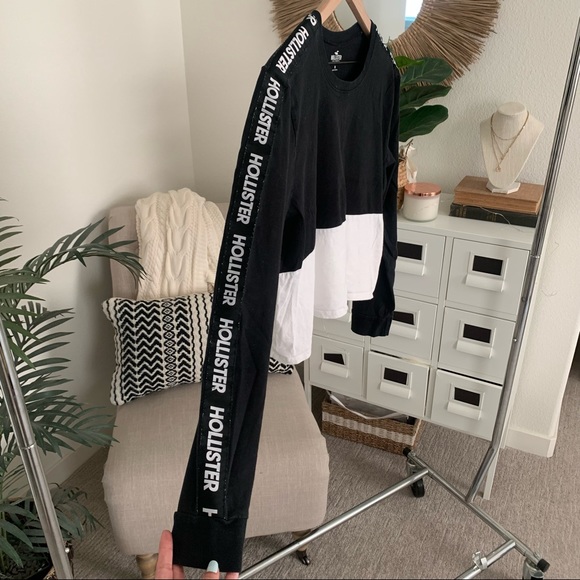 🪴$5/25🪴 Hollister Colorblock Black White Cropped Long Sleeve Shirt Top Medium - Picture 10 of 14